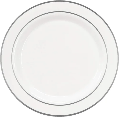 Vista 7 de Party Essentials 40 platos desechables de plástico duro de 10.25 pulgadas, vajilla divina, color blanco con banda plateada