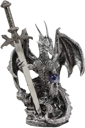 Vista 9 de Ebros Gift Dragón blindado de plata legendario sosteniendo orbe azul y espada draconiana abrecartas escultura escultura decorativa para el hogar