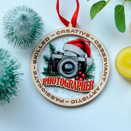 Vista 2 de Adorno de Navidad para fotógrafo, adorno de fotógrafo para árbol de Navidad, regalo de Navidad para amantes de la cámara, recuerdo para entusiastas