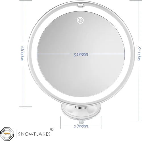 Vista 8 de Snowflakes - Espejo de maquillaje iluminado con 10 aumentos, ventosas y giro de 360°, control táctil, 3 modos de luz, ideal para el hogar, tocador