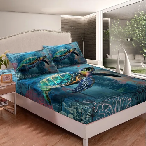 Vista 2 de Sábana bajera ajustable de tamaño individual para niños, diseño de animales marinos náuticos, juego de ropa de cama coral bajo el mar, juego de ropa
