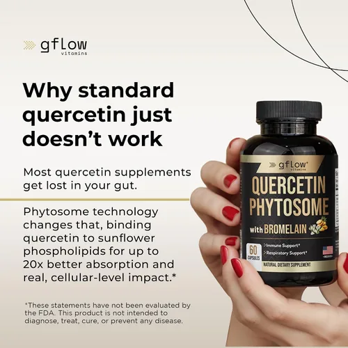 Vista 3 de gflow vitamins Fitosoma de quercetina 95% altamente purificado con bromelina Forma de quercetina más eficaz 50 veces mayor absorción Suplemento