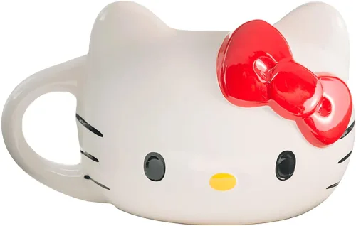 Vista 2 de Bioworld Hello Kitty - Taza de cerámica esculpida, 16 onzas, cara de personaje blanca con lazo rojo, detalles pintados a mano, con licencia
