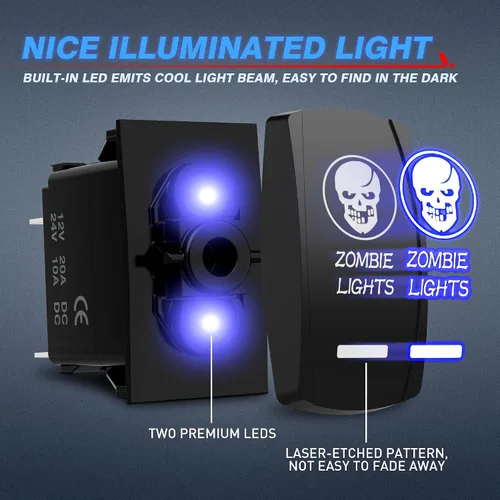Vista 3 de MicTuning MIC-LSK1 Interruptor de luces con símbolo de zombie, con encendido y apagado, luces ledes, 20A, 12V, azul