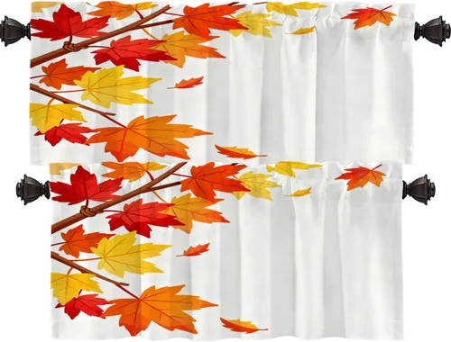 Vista 64 de Shrahala Orange Autumn Autumn Blackout Curtain Tiers, Fall Kitchen Valance Light Blocking Tier Drapes with Rod Pocket, 2 Pack 26 X 24 in