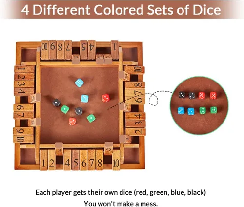 Vista 3 de ApudArmis Shut The Box de 4 vías, juego de mesa grande de madera con dados, 4 formas de jugar Shut-The-Box para adolescentes, complemento