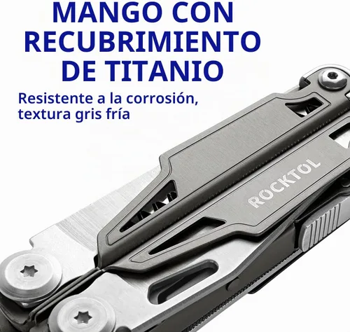 Vista 2 de ROCKTOL Multiherramienta, alicates multiherramienta 19 en 1 con mango chapado en titanio, bloqueo de seguridad, herramienta EDC ligera y funda
