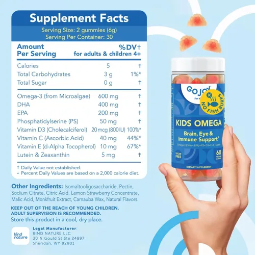 Vista 6 de GOJOY Kids Gomitas de Omega 3 DHA – Sin eructos de pescado, sin azúcar – Apoyo al cerebro, ojos y sistema inmunológico – Omega-3 de origen vegetal