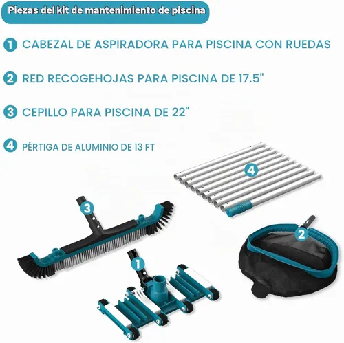 Vista 2 de POOLWHALE - Kit de limpieza de piscina con aspiradora, red de piscina y cepillo con poste Pool Leaf SKimmer Rake Net and Pole, Pool Vacuum Head