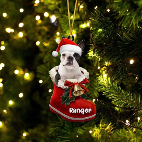 Vista 43 de Amantes de los perros de Navidad – Akita Inu Dog in Santa Boot Adorno de Navidad, adorno personalizado en forma 2D, adorno de Navidad, personaliza