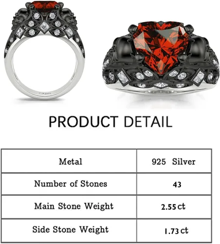 Vista 2 de Jeulia Juego de anillos de compromiso de calavera de 2.55 quilates, plata de ley con corte de corazón, diamantes rojos, anillos de rubí, circonita