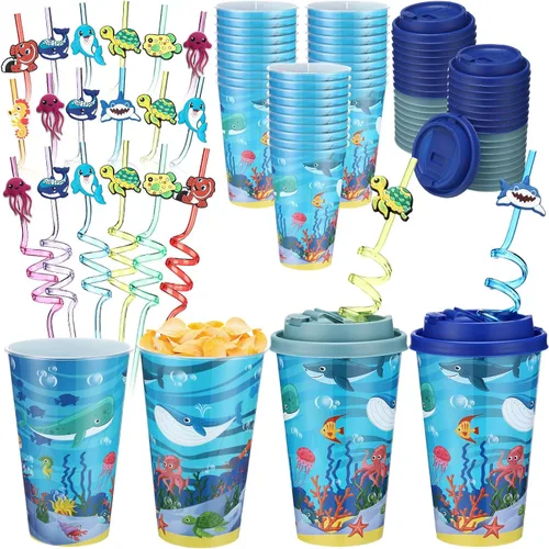 Vista 37 de Yungyan 16 juegos de tazas de golosinas con tapas y pajitas para decoraciones de cumpleaños, reutilizables, 16 onzas, vasos de plástico para dulces