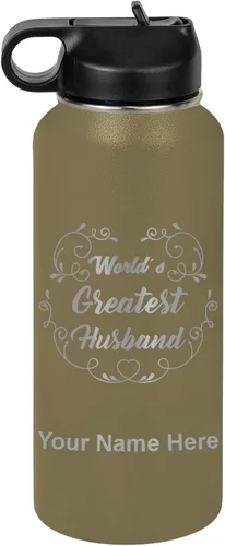 Vista 23 de LaserGram Botella de agua con tapa abatible de doble pared de 12 onzas con pajilla, grabado personalizado incluido (negro)