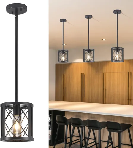 Vista 7 de Lámpara Colgante de Granja para Isla de Cocina - Linterna de Metal Industrial Negra Iluminación Colgante Individual Luminaria Colgante con Varillas