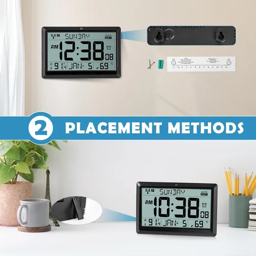 Vista 5 de Amgico Reloj de pared digital, reloj atómico de pantalla grande de 10.5", funciona con pilas, ajuste automático de calendario digital