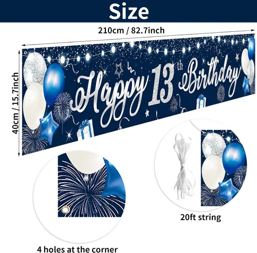 Vista 2 de Domgoge Cartel de decoración de feliz cumpleaños número 13, grande, azul y plateado, cartel de feliz cumpleaños de 13 años, suministros