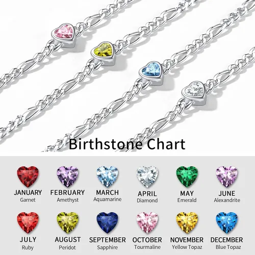 Vista 4 de ChicSilver Pulsera de plata de ley 925 con forma de corazón y piedra natal redonda para mujer, regalo de joyería de cumpleaños para el día