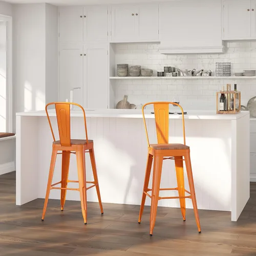 Vista 11 de Merrick Lane Amsterdam Taburete de bar – Silla de bar de metal negro antiguo con asiento de madera – Taburete de cocina con respaldo curvado