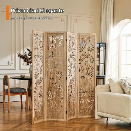 Vista 5 de JOSTYLE Divisor de habitación bohemio con tallado de plumas, pantalla de madera calada de 4 paneles, división plegable decorativa para dormitorio