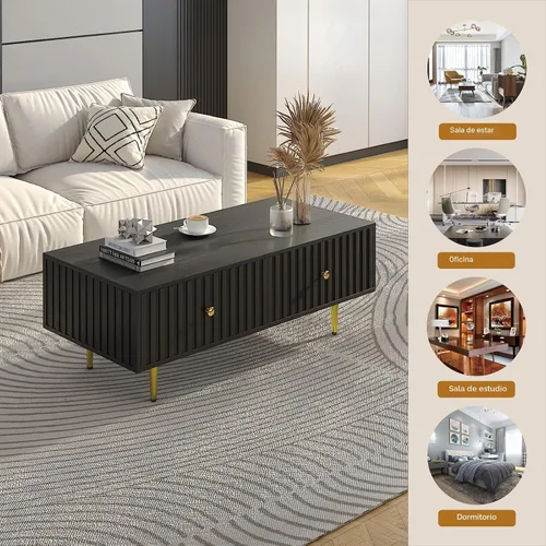Vista 7 de HedoAjim Mesa de centro moderna con almacenamiento con 2 cajones grandes, mesa auxiliar rectangular negra para sala de estar, mesa de té acanalada
