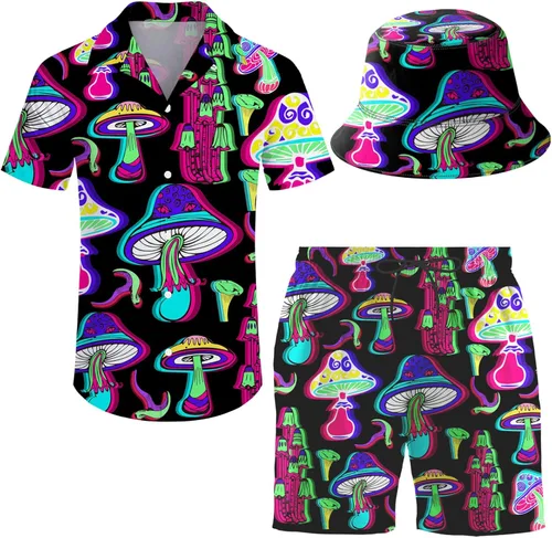Vista 15 de Conjunto deportivo de 2 piezas para hombre, camisa hawaiana, pantalones cortos, camisa con botones y pantalones cortos con sombreros de pescador