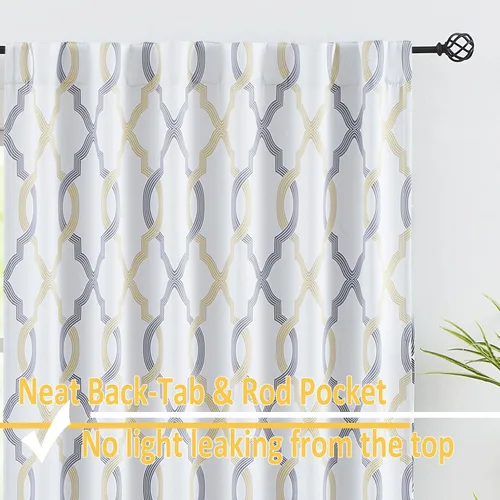 Vista 7 de FMFUNCTEX Cortinas 100% opacas de 84 pulgadas de largo para dormitorio, cortinas con patrón geométrico amarillo gris sobre blanco, cortinas