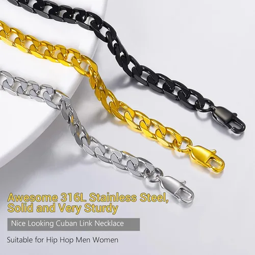 Vista 8 de PROSTEEL - Cadena, brazalete cubano de acero inoxidable unisex, negro, chapado en oro de 18 quilates, sin níquel, joyería hipoalergénica, 4-13 mm