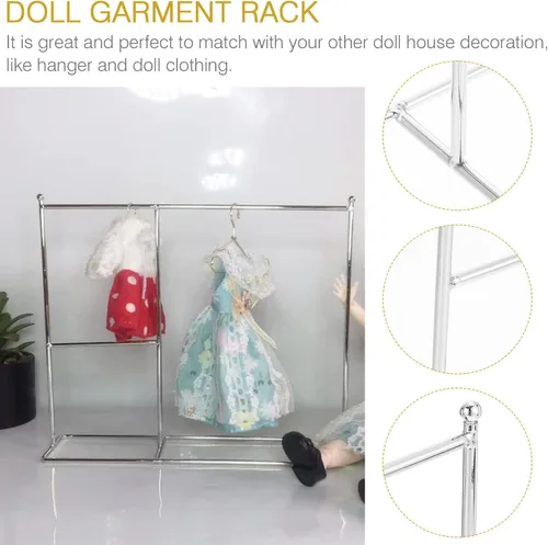 Vista 7 de Zerodeko Perchero de ropa para muñecas en miniatura, soporte para ropa de casa de muñecas, muebles compactos para organizar ropa de juguetes