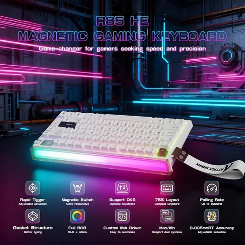 Vista 2 de ATTACK SHARK R85 HE Interruptor magnético de teclado de disparo rápido con caja de luz personalizada, teclado mecánico con cable del 75%, tasa