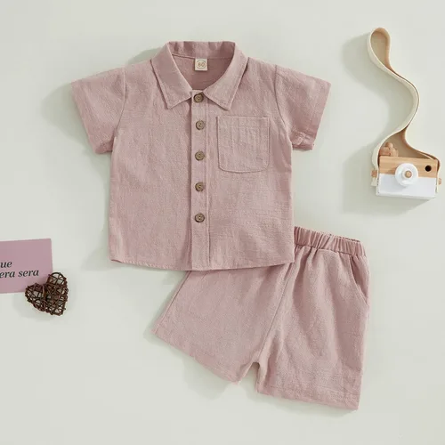 Vista 3 de FYBITBO Conjunto de camiseta de manga corta con botones de lino para bebé niño y niño pequeño