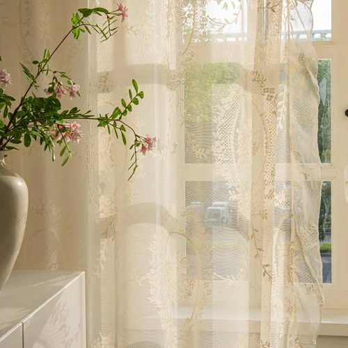 Vista 7 de Sutuo Home Juego de 2 cortinas de encaje beige, paneles transparentes de 63 pulgadas de largo, bordado floral de rosas, tratamiento de ventana