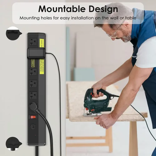 Vista 4 de JUNNUJ Regleta protectora contra sobretensiones de 20 amperios 4800J, paquete de 2 unidades, resistente de 6 tomas, montaje multiángulo de metal