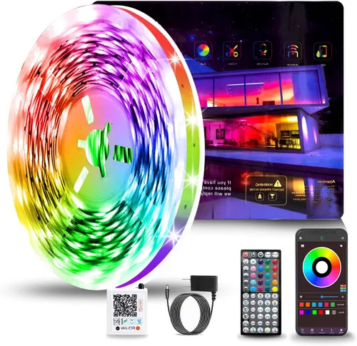 Vista 6 de NBBUFF Luces LED para dormitorio de 50 pies, tira de luces LED RGB con sincronización de música, tira de luz LED que cambia de color con control