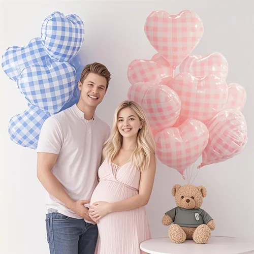 Vista 6 de 10 globos de corazón a cuadros azules, globos de 18 pulgadas en forma de corazón a cuadros azul pastel y blanco para boda romántica, proponer San
