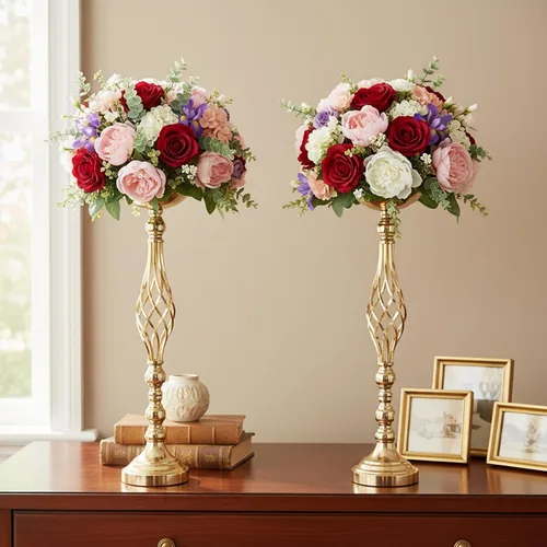 Vista 27 de 2 piezas de centros de mesa de boda para mesas de recepción, soportes de velas retorcidas, adornos, centros de mesa de metal con jarrón de flores