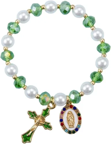 Vista 11 de Pulsera elástica de Virgen María con dije de cruz – Cristal de perlas multicolor con cuentas de joyería religiosa católica para mujer, regalo