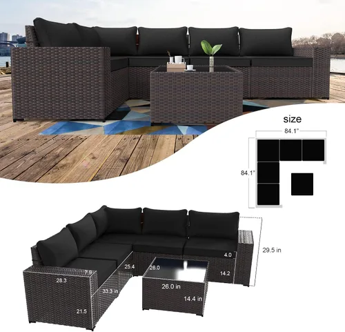 Vista 6 de Kullavik - Juego de muebles para exterior de 6 piezas con sofá modular de ratán de polietileno, color negro