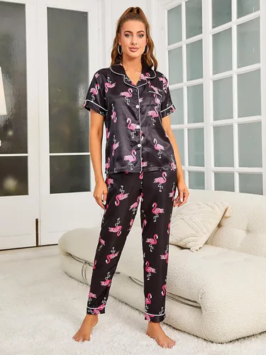 Vista 5 de WDIRARA Conjunto de pijama de 2 piezas para mujer, camisa de manga corta y pantalones de satén a rayas