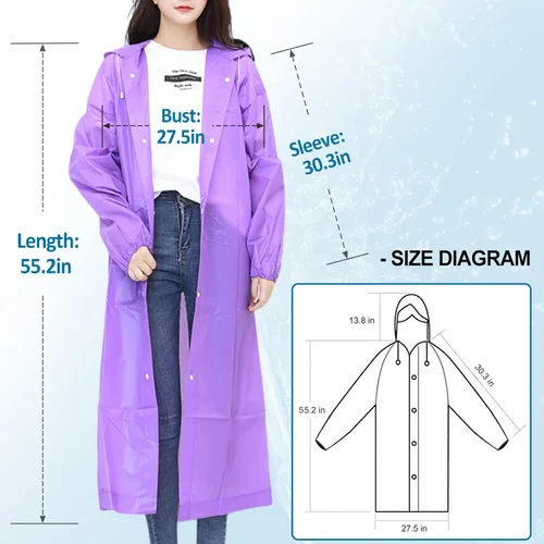 Vista 5 de RYNCO Poncho de lluvia transparente, unisex, portátil, reutilizable, transparente, con capucha, impermeable para adultos con mangas elásticas