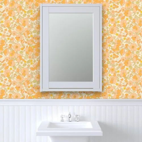 Vista 9 de Papel tapiz para despegar y pegar, diseño floral vintage de los años 70, flores amarillas melocotón, papel tapiz extraíble personalizado Spoonflower
