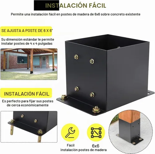 Vista 6 de Base de poste de 6 x 6 piezas, tamaño interior de 5.6 x 5.6 pulgadas, base de poste de cubierta de metal resistente con recubrimiento de polvo
