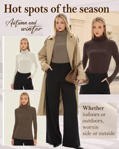Vista 5 de Oakgarden Paquete de 4 camisetas térmicas de cuello alto para mujer, de manga larga, acanaladas, de algodón, ajustadas, capa base, ropa
