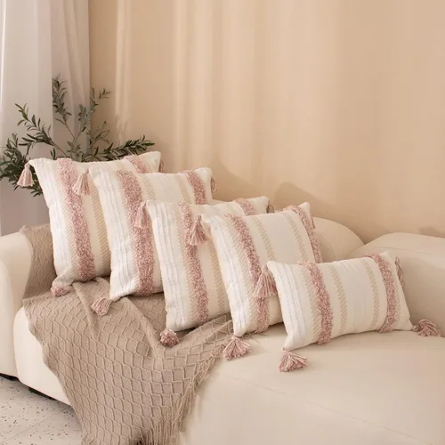 Vista 5 de Fundas de Almohadas Decorativas Boho con Mechones para Sofá Cama, Funda de Almohada Lumbar Pequeña de 12 x 20 Pulgadas, Funda de Almohada de Acento