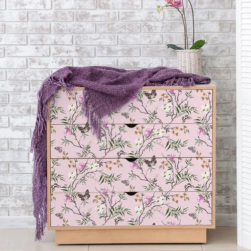 Vista 7 de VEELIKE Papel tapiz de estilo chinoiserie rosa con diseño de mariposas para dormitorio, habitación de niñas, 17.7 x 118 pulgadas, papel de contacto