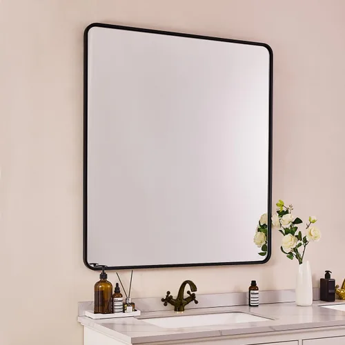 Vista 12 de Espejo de latón para baño, espejo rectangular redondeado de 22x30 pulgadas con marco de metal cepillado dorado, espejo de tocador de baño sin
