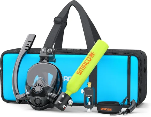 Vista 8 de SMACO Mini tanque de buceo con máscara de esnórquel 0.5L tanque de buceo pequeño portátil con máscara de buceo de cara completa, reutilizable