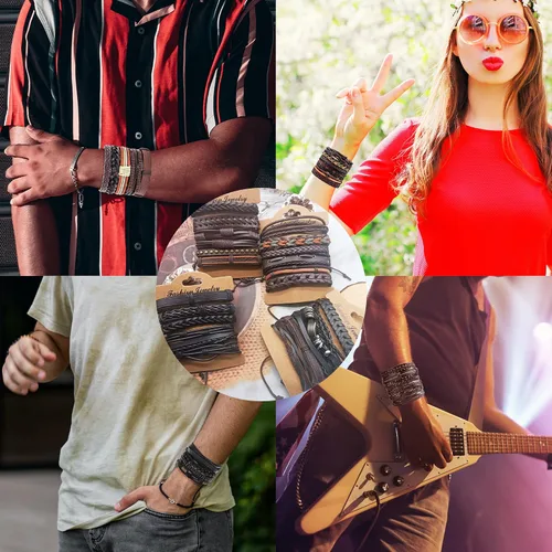 Vista 6 de SONNYX 44 pulseras de cuero trenzado para hombres y mujeres, pulseras tejidas de cáñamo, cuentas de madera, pulseras étnicas tribales, pulseras