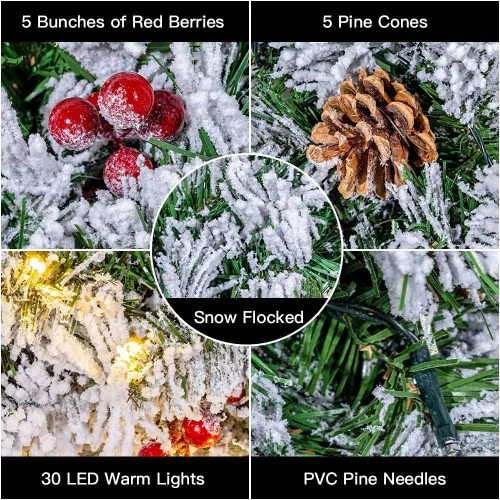 Vista 5 de DECSPAS - Coronas de Navidad para puerta delantera, 24 pulgadas, 2 pies, preiluminada, nevada, flocada, con temporizador, 30 luces LED, arco