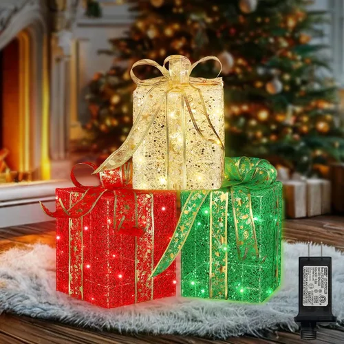 Vista 11 de LAMPHOME Juego de 3 Cajas de Regalo Iluminadas con 70 LED de Navidad, Luces Blancas Cálidas con Intermitente, Cajas Decorativas para Sendero, Adorno