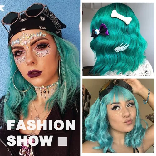Vista 6 de ITTAYLER Peluca verde azulado, pelucas cortas y rizadas con flequillo, lindas pelucas coloridas para mujeres, peluca sintética de aspecto natural